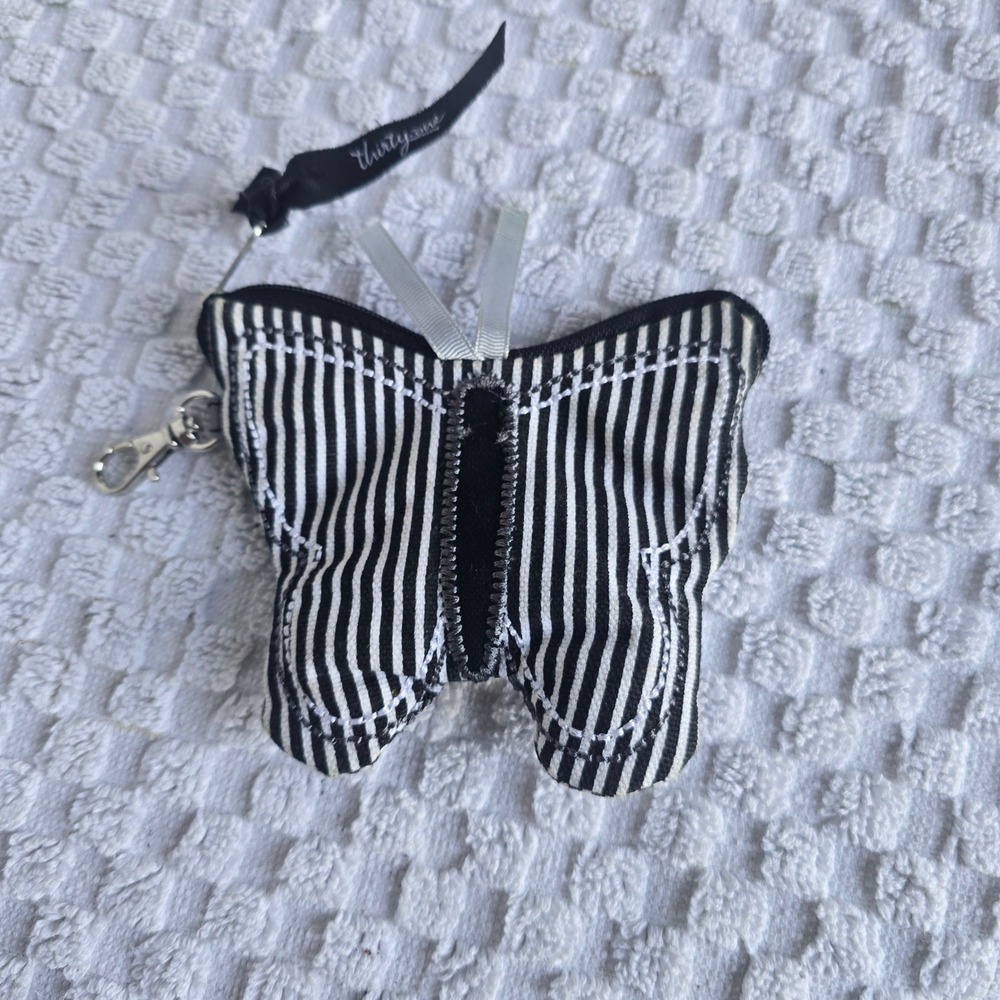 Thirty-One Butterfly Coin Purse Black White Striped Mini Pouch Clip On Y2K